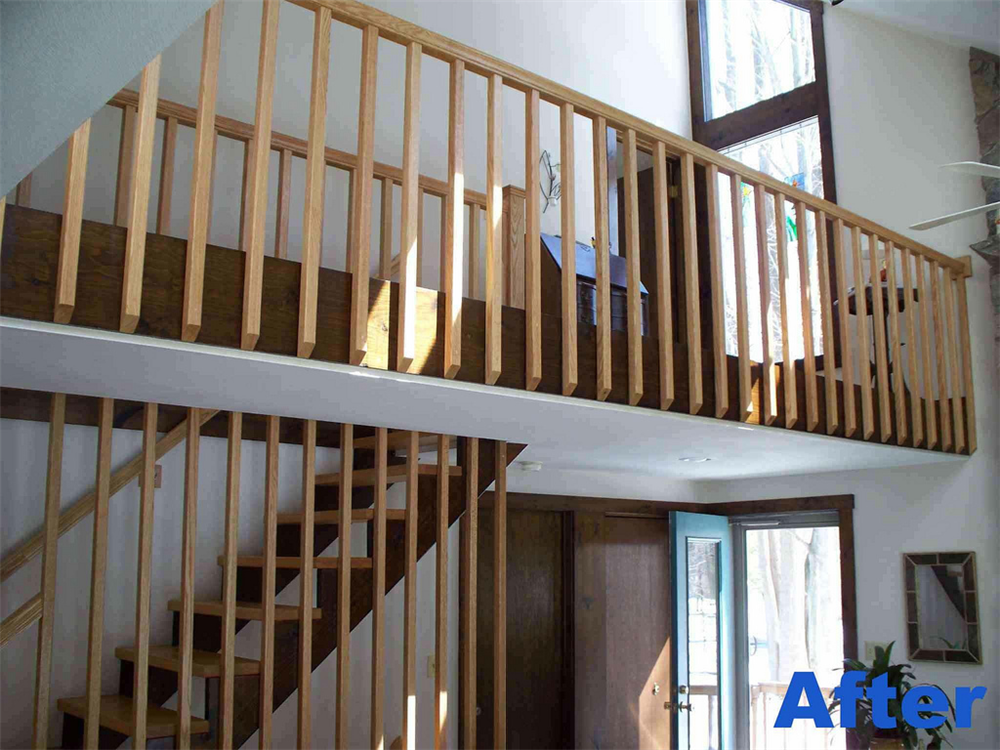 Oak handrail, spindles and treads were installed to update and brighten up the overall look of the stair system, which stems from the basement to the second story of the home.