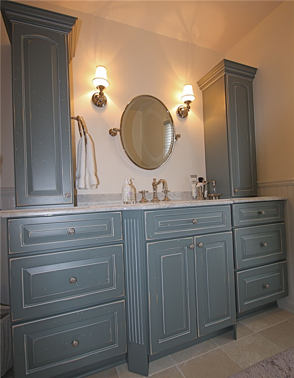 Bathroom Remodeling Syracuse Central New York Cny Rustic Distressed Slate Blue Glazed Cabinets With Elegant Arches And Carvings Were Selected For The
