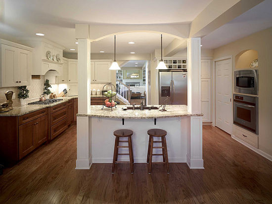 kitchen island integrated with support beam
