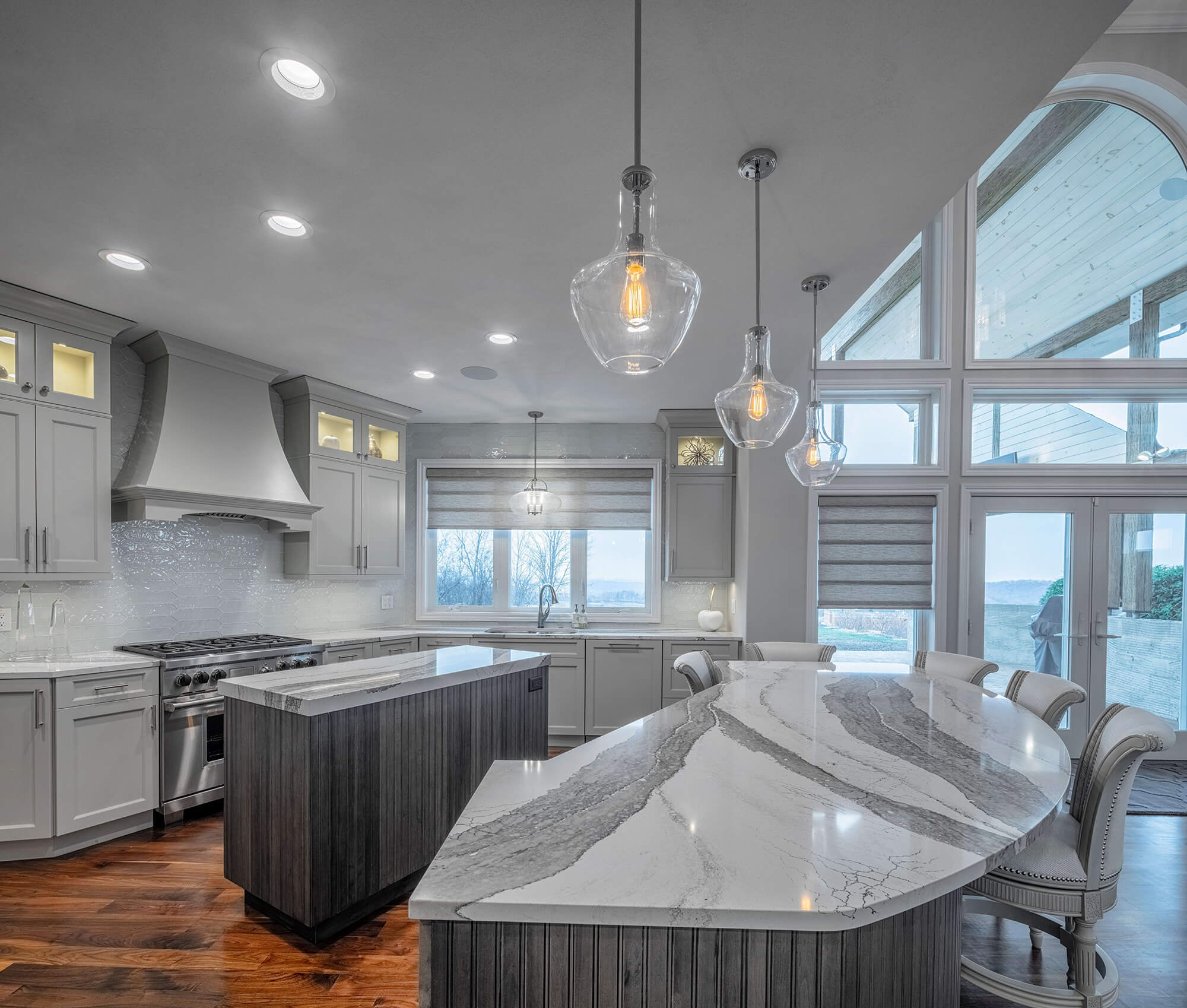 Quartz countertops and dual islands