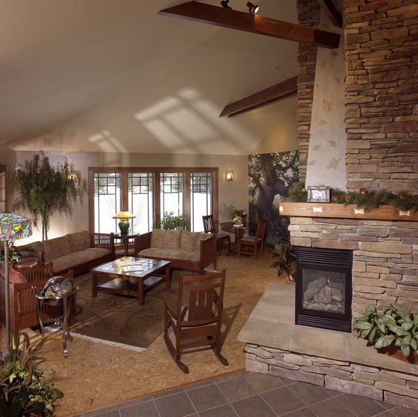 office waiting room with stone veneer fireplace
