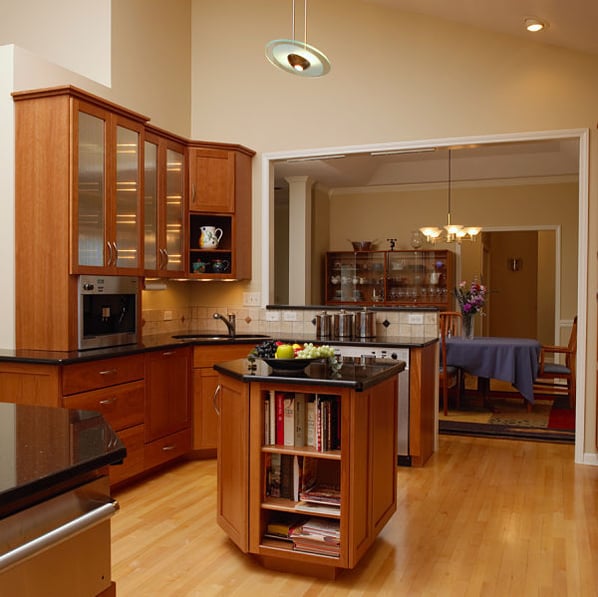 Contemporary Kitchen with Visible Storage and Cathedral Ceiling