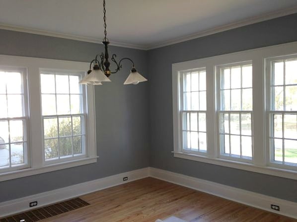 Dining room remodel painted in Benjamin Moore's Silent Night 1613.