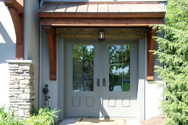 double door with wood post and beams