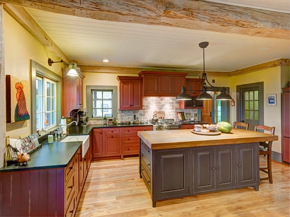 Farmhouse-style kitchen cabinets and cabinet hardware