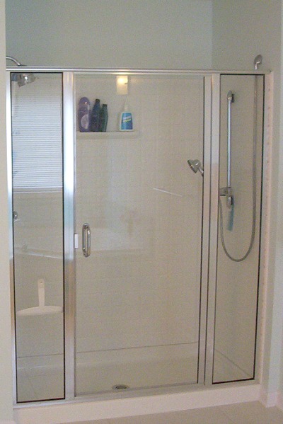 framed shower door with clear glass