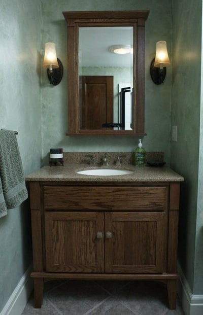 furniture-style bathroom vanity fits into irregular space