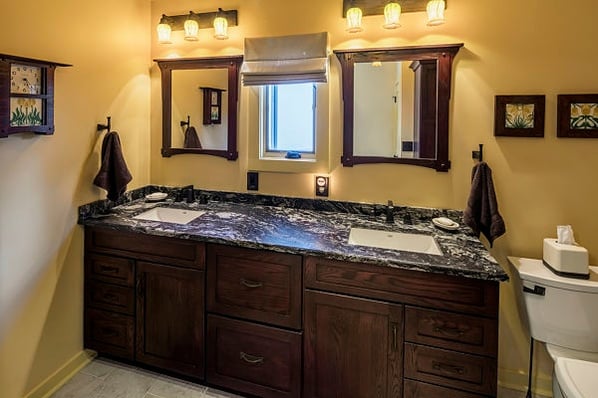 master bath mission oak cabinets