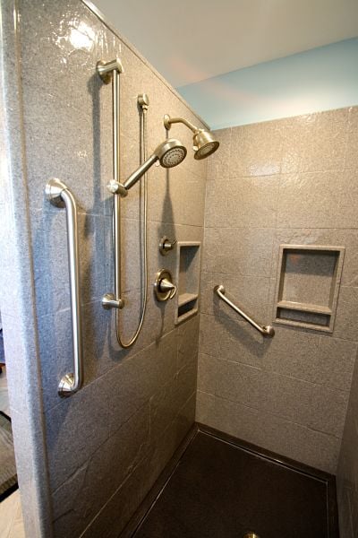 pre-fabricated walk-in shower with grab bars