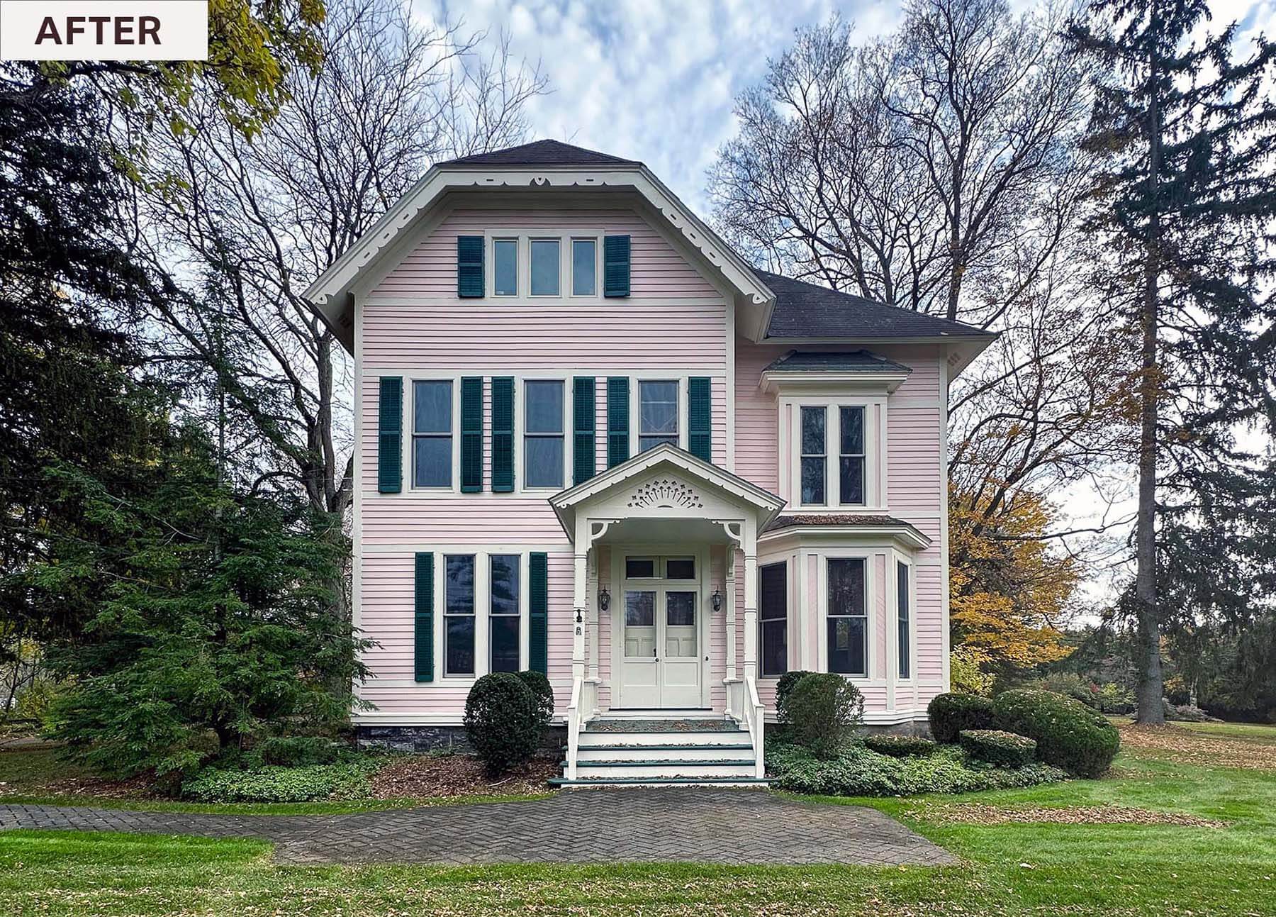 Front view of a restored late-1800s Victorian home in Fayetteville, NY after window replacement by McClurg Remodeling. Features new custom Andersen windows, preserved historic trim, and refreshed curb appeal.